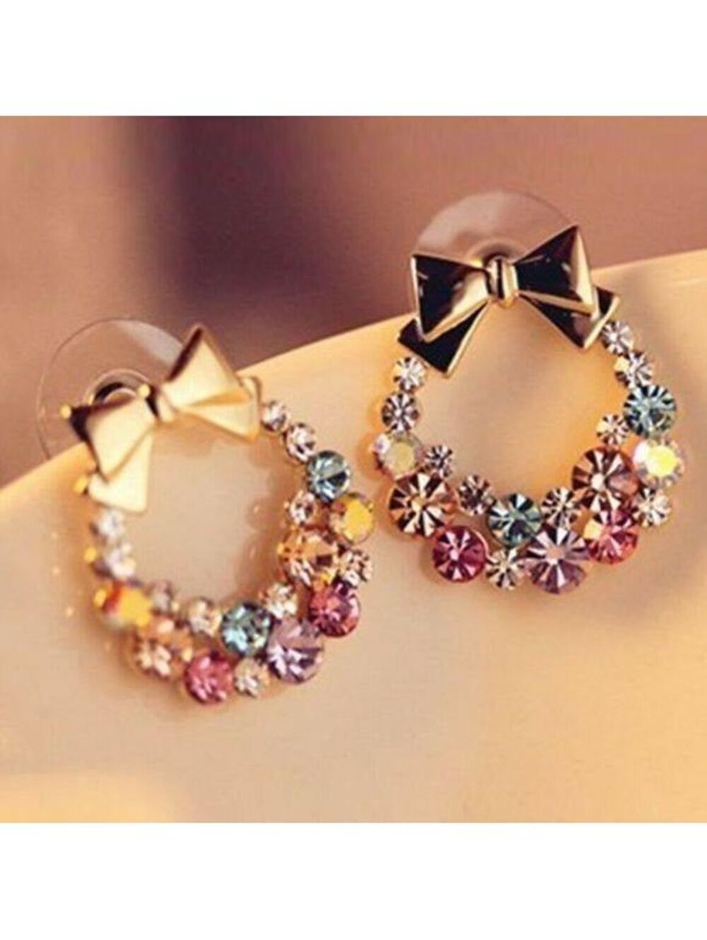 Adorable Gold Bow Rainbow Crystal Earrings